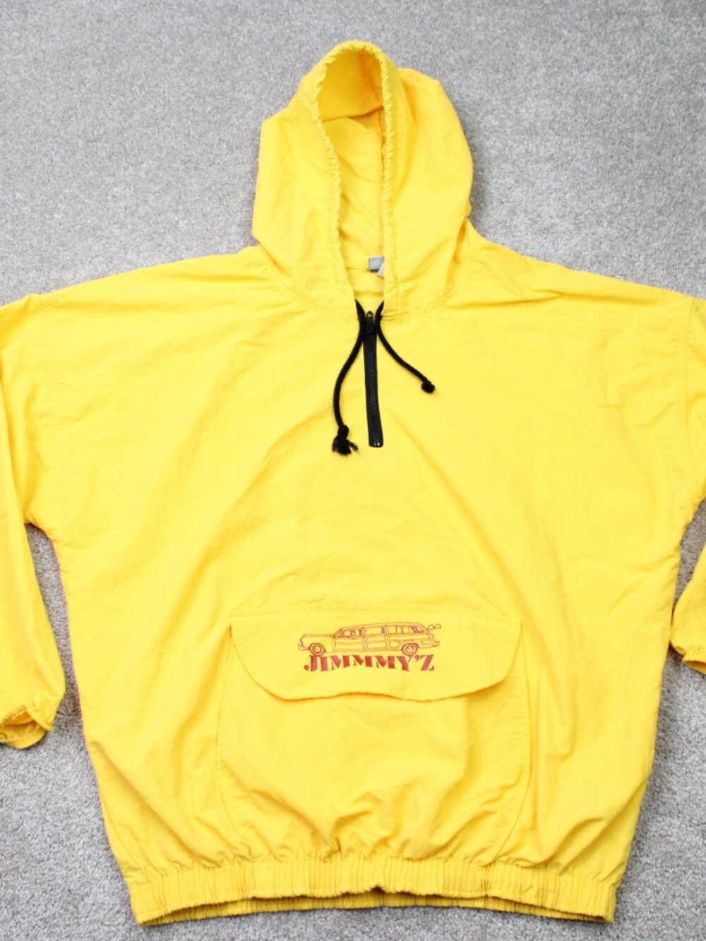 VTG Jimmy'Z Windbreaker Adult Large Yellow 1991 Kangaroo Pocket Hooded Jacket